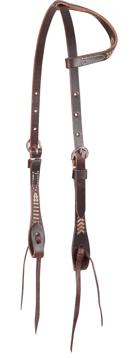 Headstall #53 - Slip Ear Headstall Chocolate con cordones de cuero crudo