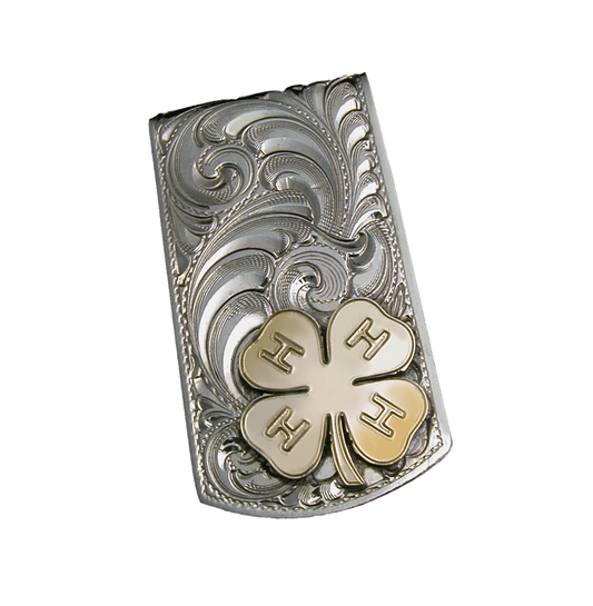 Fermasoldi con motivo inciso in argento tedesco con iniziali o marchio