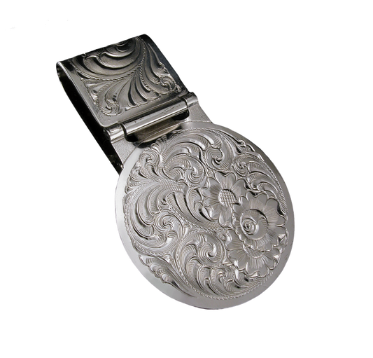 Fermasoldi tondo con motivo inciso in argento tedesco