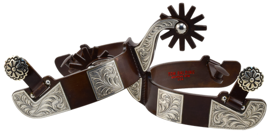 Equestrian Spur #67 Plaques d'argent gravées sur une bande coupée avec finition marron par Tom Balding Horse Tack