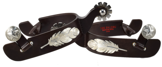 Éperon équestre # 68 argent gravé plume finition marron par Tom Balding Horse Tack