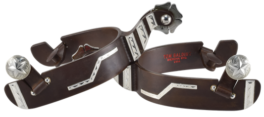 Equestrian Spur #72 Finition marron avec barres argentées et marque personnalisée par Tom Balding Horse Tack
