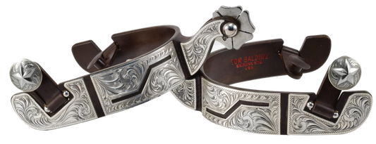 Equestrian Spur #71 Full Silver Plates Découpe personnalisée et finition marron par Tom Balding Horse Tack