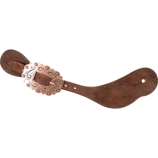 Sangle d'éperon équestre # 34 Boucle en cuivre brute de chocolat portée par Tom Balding Horse Tack